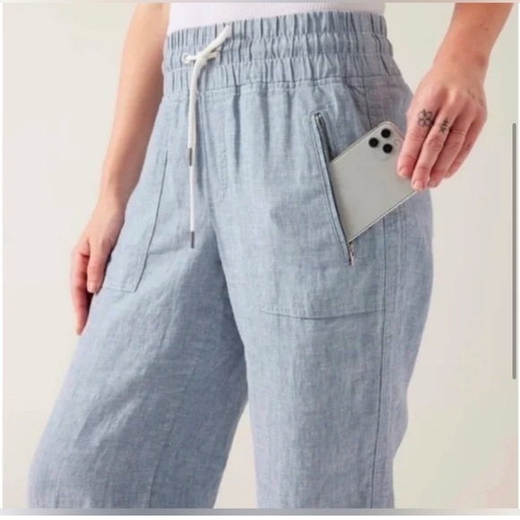 Athleta Cabo Linen Light Heathered Blue Beachy Wide Leg Drawstring Pant - Picture 4 of 8